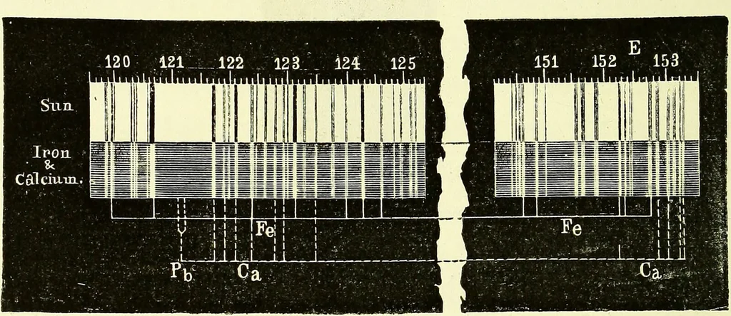 An illustration from Spectrum analysis in its application to terrestrial substances, and the physical constitution of the heavenly bodies / familiarly explained by H. Schellen ; translated from the second enlarged and revised German edition by Jane and Caroline Lassell ; edited with notes by William Huggins ; with numerous woodcuts and coloured plates, and Ångström's and Kirchhoff's maps., 1872, leaf 294
