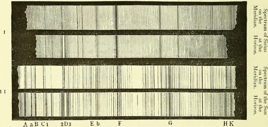 An illustration from Spectrum analysis in its application to terrestrial substances, and the physical constitution of the heavenly bodies / familiarly explained by H. Schellen ; translated from the second enlarged and revised German edition by Jane and Caroline Lassell ; edited with notes by William Huggins ; with numerous woodcuts and coloured plates, and Ångström's and Kirchhoff's maps., 1872, leaf 312