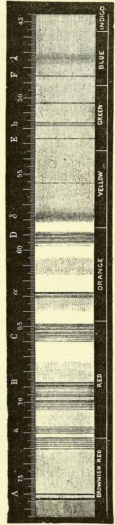 An illustration from Spectrum analysis in its application to terrestrial substances, and the physical constitution of the heavenly bodies / familiarly explained by H. Schellen ; translated from the second enlarged and revised German edition by Jane and Caroline Lassell ; edited with notes by William Huggins ; with numerous woodcuts and coloured plates, and Ångström's and Kirchhoff's maps., 1872, leaf 314