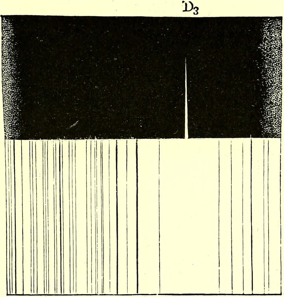 An illustration from Spectrum analysis in its application to terrestrial substances, and the physical constitution of the heavenly bodies / familiarly explained by H. Schellen ; translated from the second enlarged and revised German edition by Jane and Caroline Lassell ; edited with notes by William Huggins ; with numerous woodcuts and coloured plates, and Ångström's and Kirchhoff's maps., 1872, leaf 461