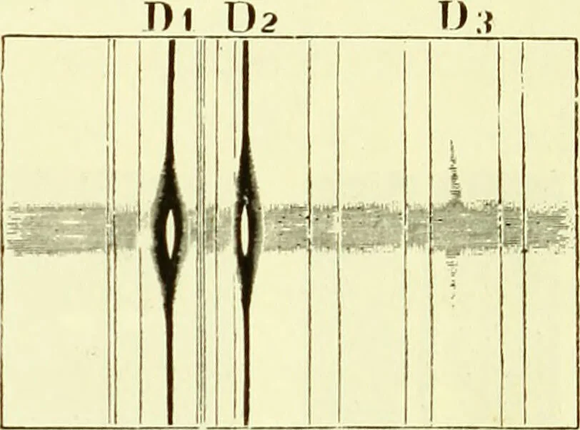An illustration from Spectrum analysis in its application to terrestrial substances, and the physical constitution of the heavenly bodies / familiarly explained by H. Schellen ; translated from the second enlarged and revised German edition by Jane and Caroline Lassell ; edited with notes by William Huggins ; with numerous woodcuts and coloured plates, and Ångström's and Kirchhoff's maps., 1872, leaf 474
