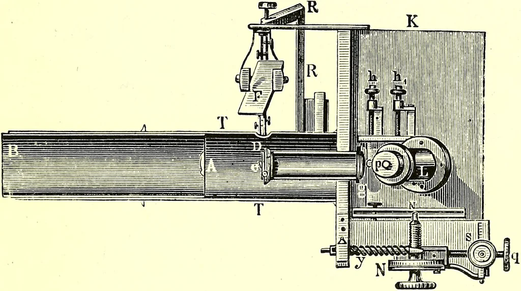 An illustration from Spectrum analysis in its application to terrestrial substances, and the physical constitution of the heavenly bodies / familiarly explained by H. Schellen ; translated from the second enlarged and revised German edition by Jane and Caroline Lassell ; edited with notes by William Huggins ; with numerous woodcuts and coloured plates, and Ångström's and Kirchhoff's maps., 1872, leaf 535