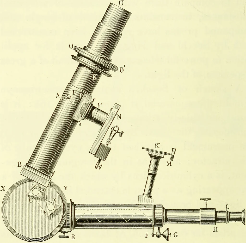An illustration from Spectrum analysis in its application to terrestrial substances, and the physical constitution of the heavenly bodies / familiarly explained by H. Schellen ; translated from the second enlarged and revised German edition by Jane and Caroline Lassell ; edited with notes by William Huggins ; with numerous woodcuts and coloured plates, and Ångström's and Kirchhoff's maps., 1872, leaf 540
