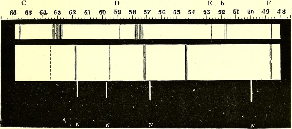 An illustration from Spectrum analysis in its application to terrestrial substances, and the physical constitution of the heavenly bodies / familiarly explained by H. Schellen ; translated from the second enlarged and revised German edition by Jane and Caroline Lassell ; edited with notes by William Huggins ; with numerous woodcuts and coloured plates, and Ångström's and Kirchhoff's maps., 1872, leaf 551