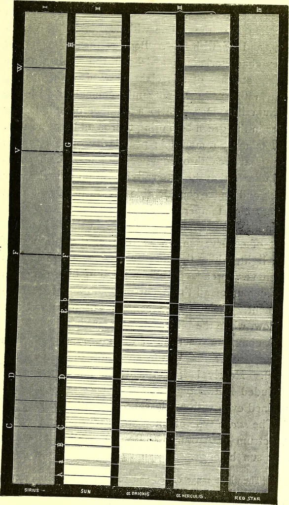 An illustration from Spectrum analysis in its application to terrestrial substances, and the physical constitution of the heavenly bodies / familiarly explained by H. Schellen ; translated from the second enlarged and revised German edition by Jane and Caroline Lassell ; edited with notes by William Huggins ; with numerous woodcuts and coloured plates, and Ångström's and Kirchhoff's maps., 1872, leaf 563