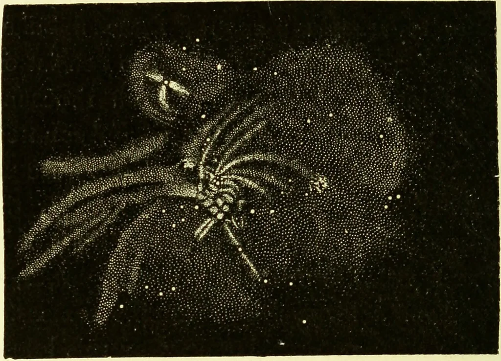 An illustration from Spectrum analysis in its application to terrestrial substances, and the physical constitution of the heavenly bodies / familiarly explained by H. Schellen ; translated from the second enlarged and revised German edition by Jane and Caroline Lassell ; edited with notes by William Huggins ; with numerous woodcuts and coloured plates, and Ångström's and Kirchhoff's maps., 1872, leaf 598