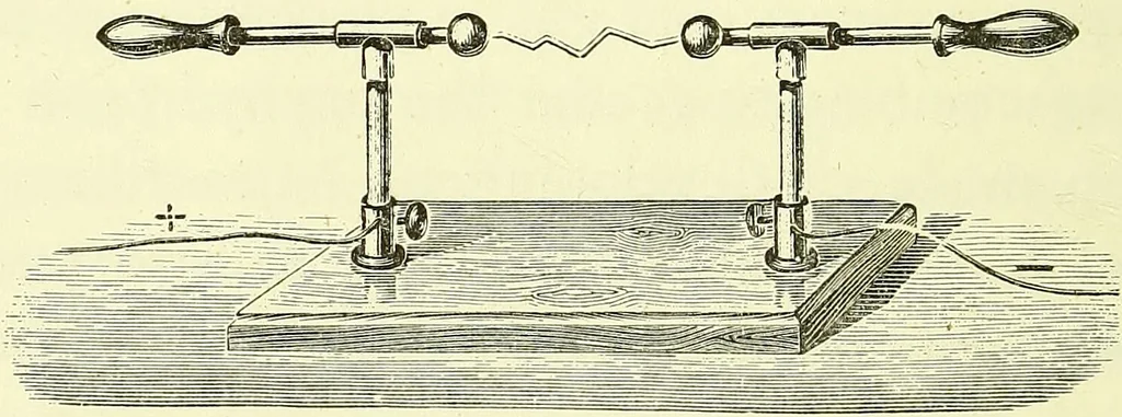 An illustration from Spectrum analysis in its application to terrestrial substances, and the physical constitution of the heavenly bodies / familiarly explained by H. Schellen ; translated from the second enlarged and revised German edition by Jane and Caroline Lassell ; edited with notes by William Huggins ; with numerous woodcuts and coloured plates, and Ångström's and Kirchhoff's maps., 1872, leaf 60