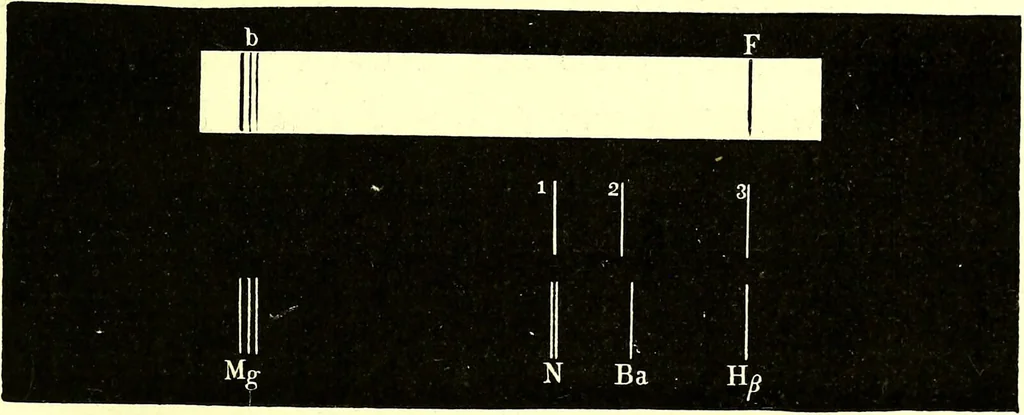 An illustration from Spectrum analysis in its application to terrestrial substances, and the physical constitution of the heavenly bodies / familiarly explained by H. Schellen ; translated from the second enlarged and revised German edition by Jane and Caroline Lassell ; edited with notes by William Huggins ; with numerous woodcuts and coloured plates, and Ångström's and Kirchhoff's maps., 1872, leaf 611