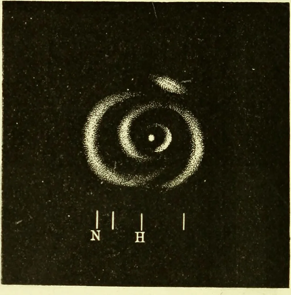 An illustration from Spectrum analysis in its application to terrestrial substances, and the physical constitution of the heavenly bodies / familiarly explained by H. Schellen ; translated from the second enlarged and revised German edition by Jane and Caroline Lassell ; edited with notes by William Huggins ; with numerous woodcuts and coloured plates, and Ångström's and Kirchhoff's maps., 1872, leaf 616