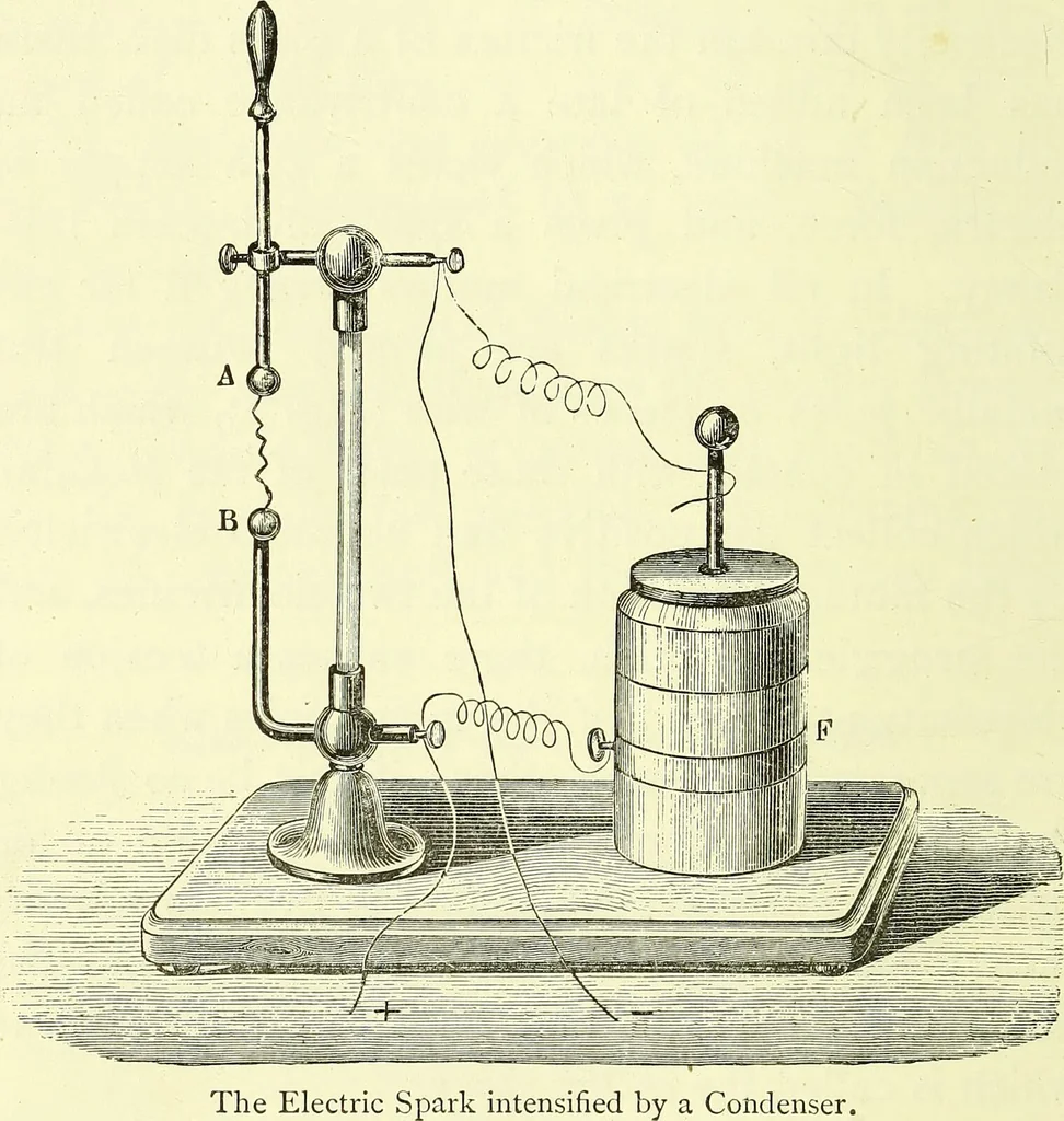 An illustration from Spectrum analysis in its application to terrestrial substances, and the physical constitution of the heavenly bodies / familiarly explained by H. Schellen ; translated from the second enlarged and revised German edition by Jane and Caroline Lassell ; edited with notes by William Huggins ; with numerous woodcuts and coloured plates, and Ångström's and Kirchhoff's maps., 1872, leaf 62