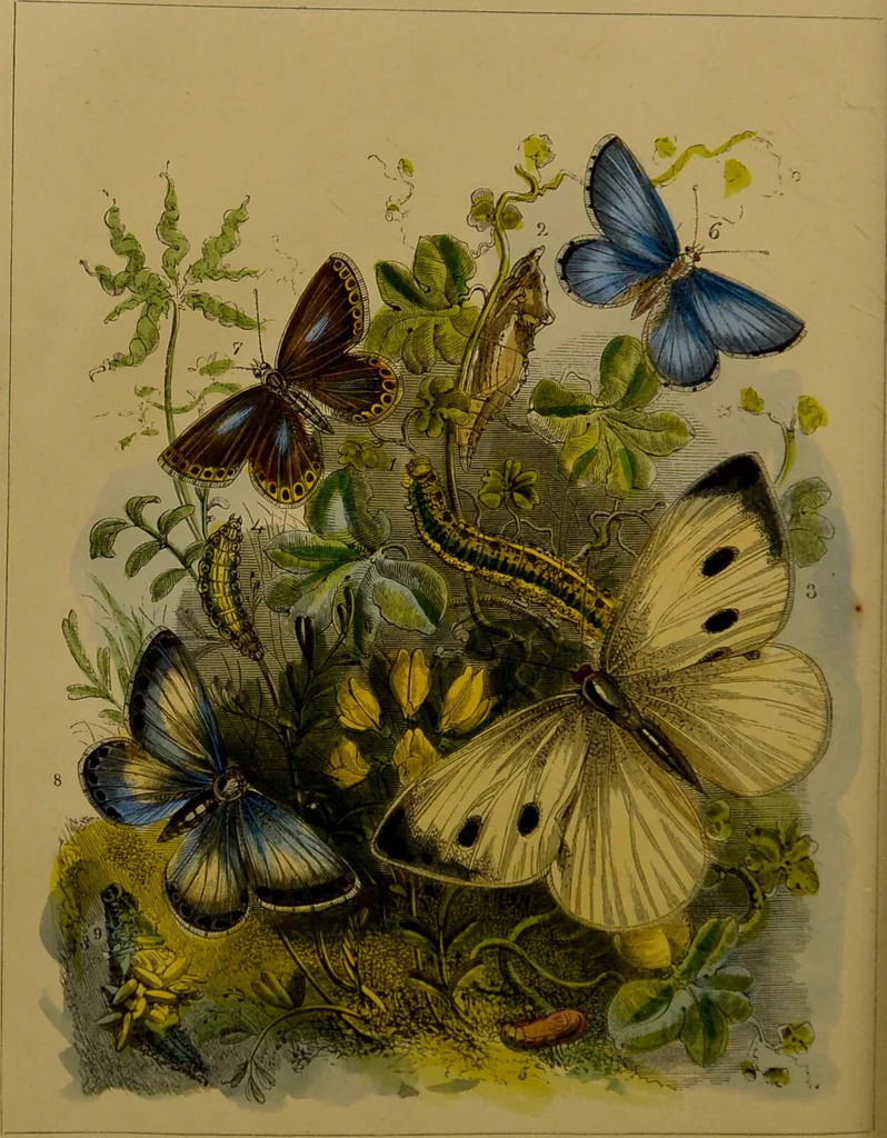 An illustration from The butterfly vivarium, or, Insect home: being an account of a new method of observing the curious metamorphoses of some of the most beautiful of our native insects. Comprising also a popular description of the habits and instincts of many of the insects of the various classes referred to; with suggestions for the successful study of entomology by means of an insect vivarium / by H. Noel Humphreys ... Illustrated with coloured engravings., 1858, leaf 170