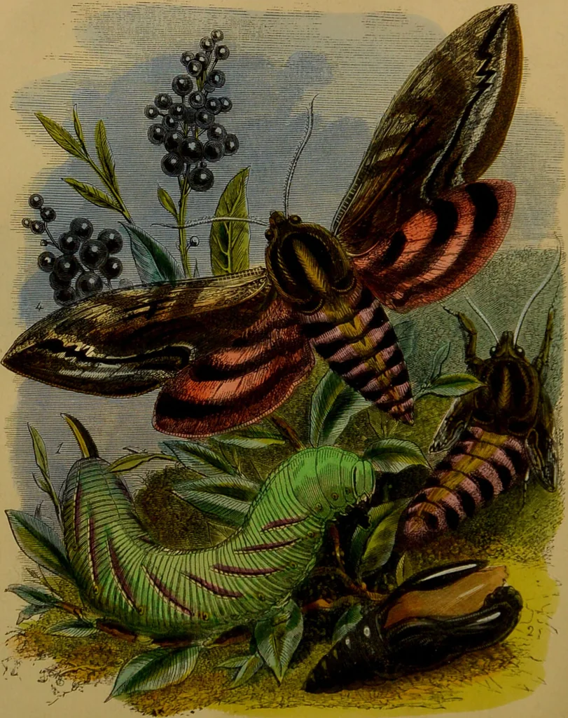 An illustration from The butterfly vivarium, or, Insect home: being an account of a new method of observing the curious metamorphoses of some of the most beautiful of our native insects. Comprising also a popular description of the habits and instincts of many of the insects of the various classes referred to; with suggestions for the successful study of entomology by means of an insect vivarium / by H. Noel Humphreys ... Illustrated with coloured engravings., 1858, leaf 192