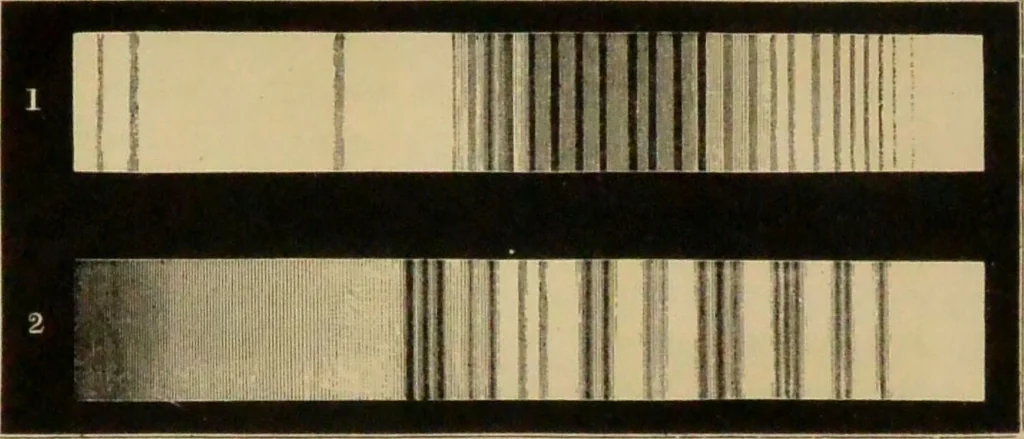 An illustration from Spectrum analysis : six lectures, delivered in 1868, before the Society of Apothecaries of London / by Henry E. Roscoe ; with appendices, coloured plates, and illustrations., 1869, leaf 172