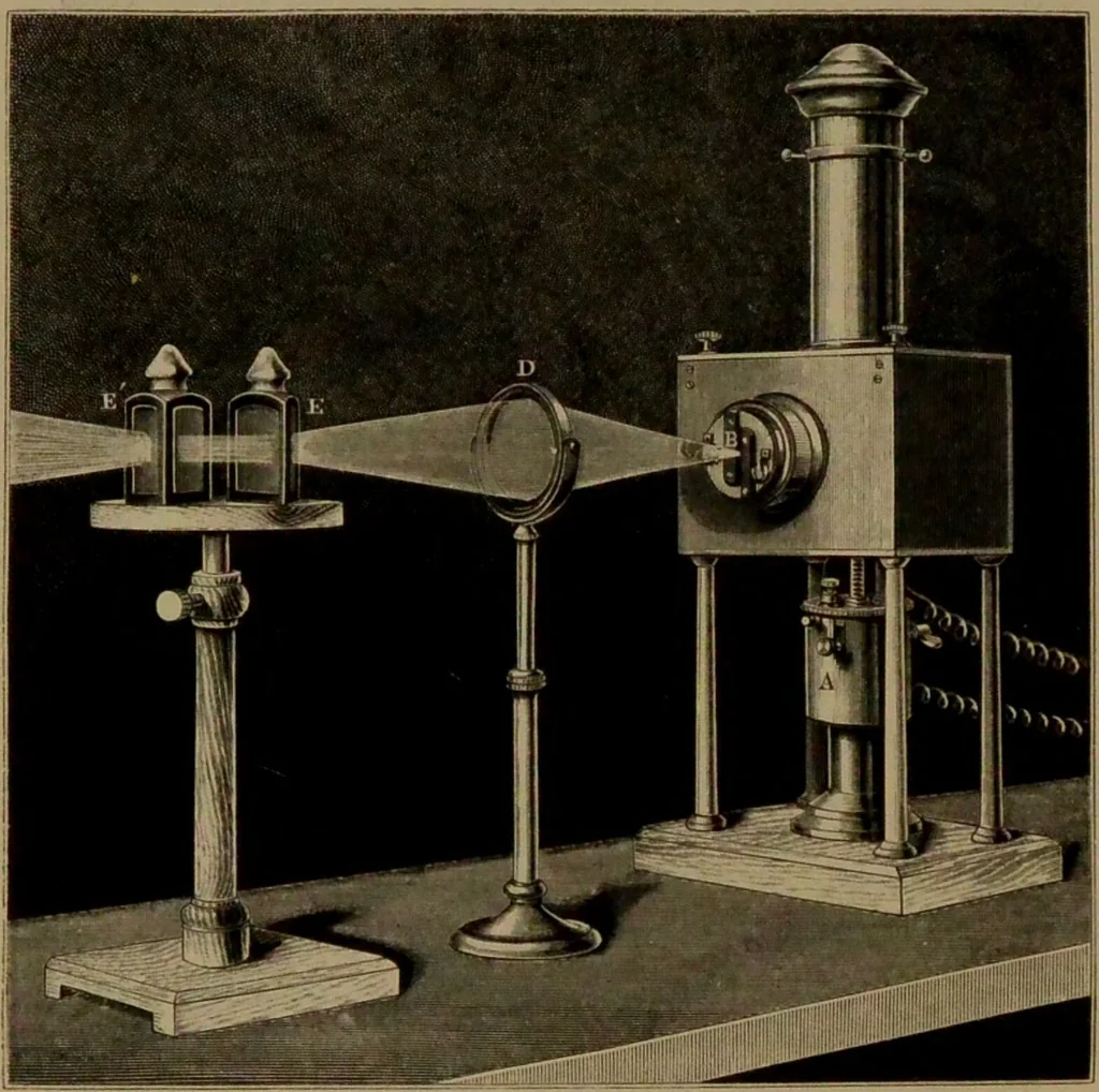 An illustration from Spectrum analysis : six lectures, delivered in 1868, before the Society of Apothecaries of London / by Henry E. Roscoe ; with appendices, coloured plates, and illustrations., 1869, leaf 70