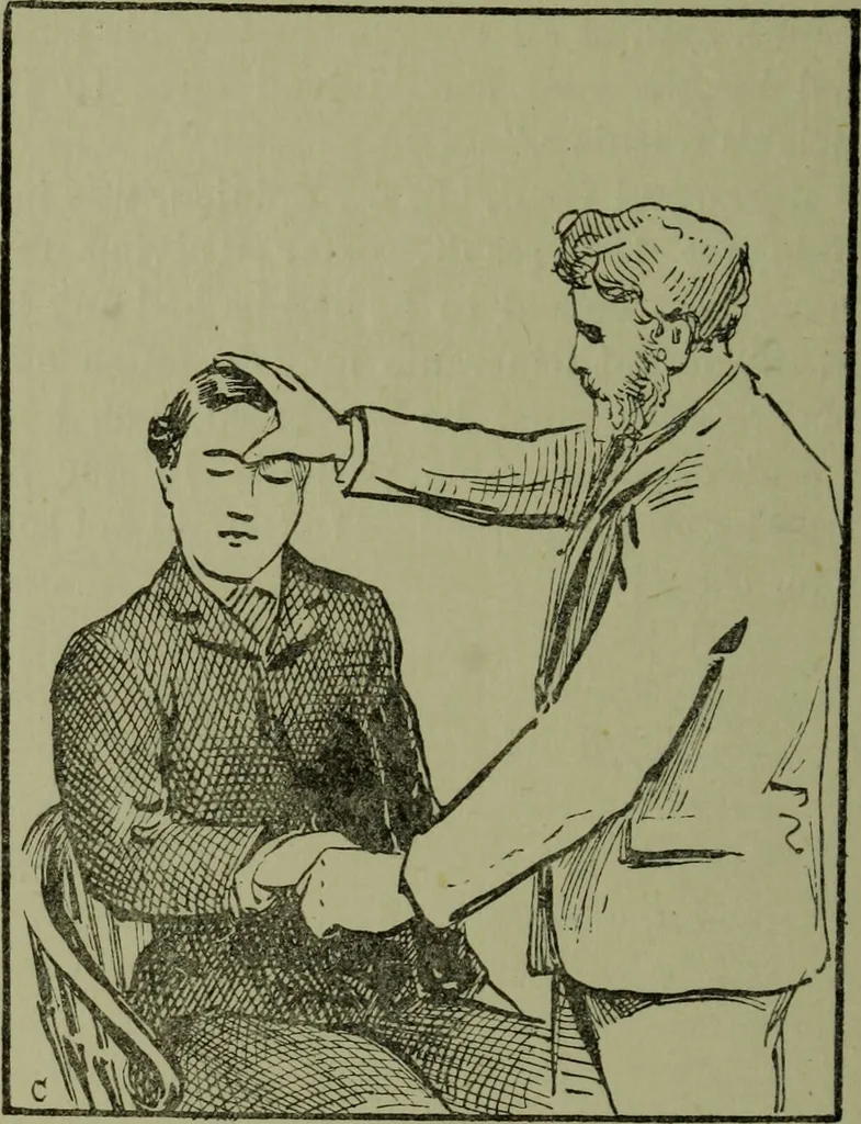 An illustration from How to mesmerise : a manual of instruction in the history, mysteries, modes of procedure, and arts of mesmerism, or, animal magnetism, hypnotism, clairvoyance, thought reading, and mesmeric entertainments / by James Coates., 1890, leaf 104