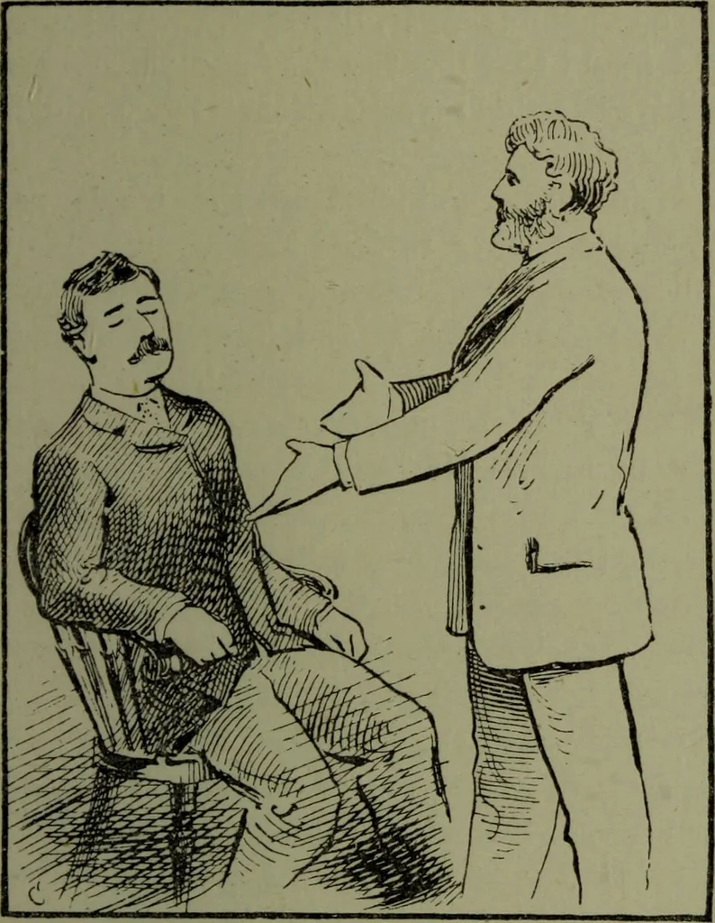 An illustration from How to mesmerise : a manual of instruction in the history, mysteries, modes of procedure, and arts of mesmerism, or, animal magnetism, hypnotism, clairvoyance, thought reading, and mesmeric entertainments / by James Coates., 1890, leaf 61