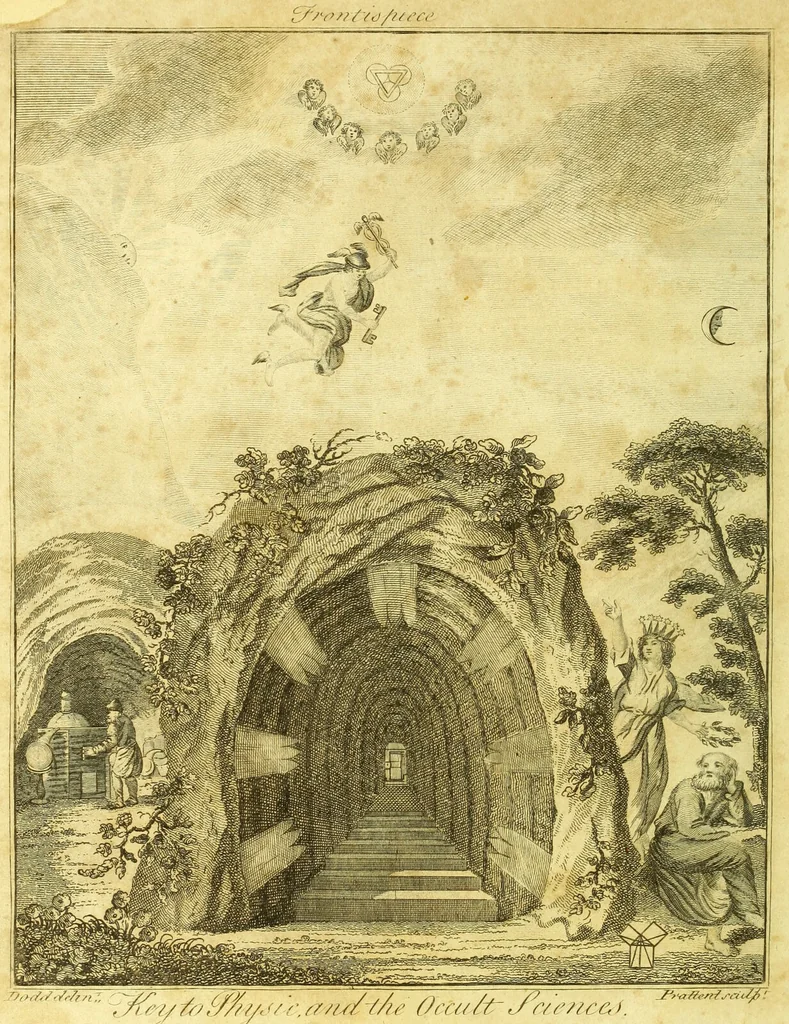 An illustration from A key to physic, and the occult sciences : opening to mental view, the system and order of the interior and exterior heavens; the analogy betwixt angels, and spirits of men; and the sympathy between celestial and terrestrial bodies, from whence is deduced an obvious discrimination of future events, in the motions and position of the luminaries, planets, and stars; the universal spirit and economy of nature, in the production of all things; the principles of etherial, and atmospherical influx, in constituting the proper recipient of life; the active and passive tinctures requisite in the generation of men and brutes; and the foundation and necessity of that invisible agitation of matter, which stimulates and impels every living creature in the act of begetting its like; the properties of vegetable, mineral and animal magnetism: the fundamental causes and qualities, visible or occult, of all diseases, both of mind and body, and the simple modes prescribed by nature for their prevention and cure : to which are added, lunar tables, calculated from sidereal motion; exhibiting upon the most simple, yet unerring construction, the actual moment of the crisis of every disease, and the consequent termination thereof, whether for life or death: the whole forming an interesting supplement to Culpeper's family physician, and display of the occult sciences ; published for the good of all / by E. Sibly., 1821, leaf 8