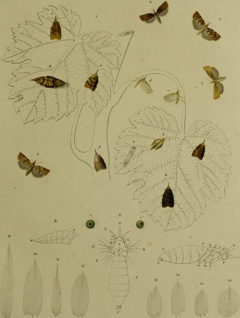 An illustration from Histoire des insectes nuisibles à la vigne : et particulièrement de la pyrale qui dévaste les vignobles des départments de la Cote-d'Or ... [etc.]; avec l'indication des moyens qu'on doit employer pour la combattre / par Victor Audouin., 1842, leaf 377