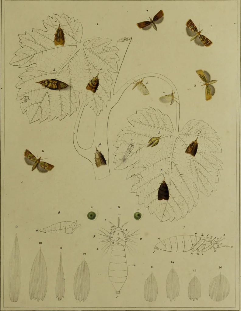 An illustration from Histoire des insectes nuisibles à la vigne : et particulièrement de la pyrale qui dévaste les vignobles des départments de la Cote-d'Or ... [etc.]; avec l'indication des moyens qu'on doit employer pour la combattre / par Victor Audouin., 1842, leaf 377