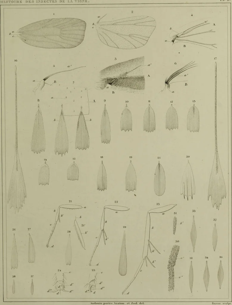 An illustration from Histoire des insectes nuisibles à la vigne : et particulièrement de la pyrale qui dévaste les vignobles des départments de la Cote-d'Or ... [etc.]; avec l'indication des moyens qu'on doit employer pour la combattre / par Victor Audouin., 1842, leaf 385