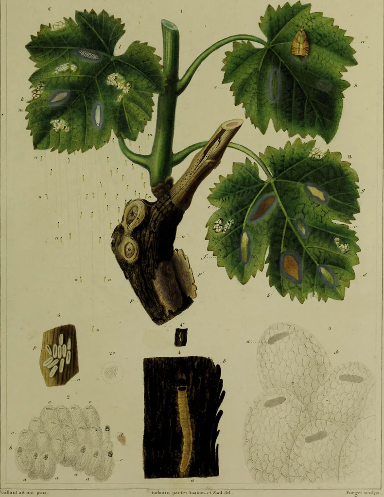 An illustration from Histoire des insectes nuisibles à la vigne : et particulièrement de la pyrale qui dévaste les vignobles des départments de la Cote-d'Or ... [etc.]; avec l'indication des moyens qu'on doit employer pour la combattre / par Victor Audouin., 1842, leaf 395