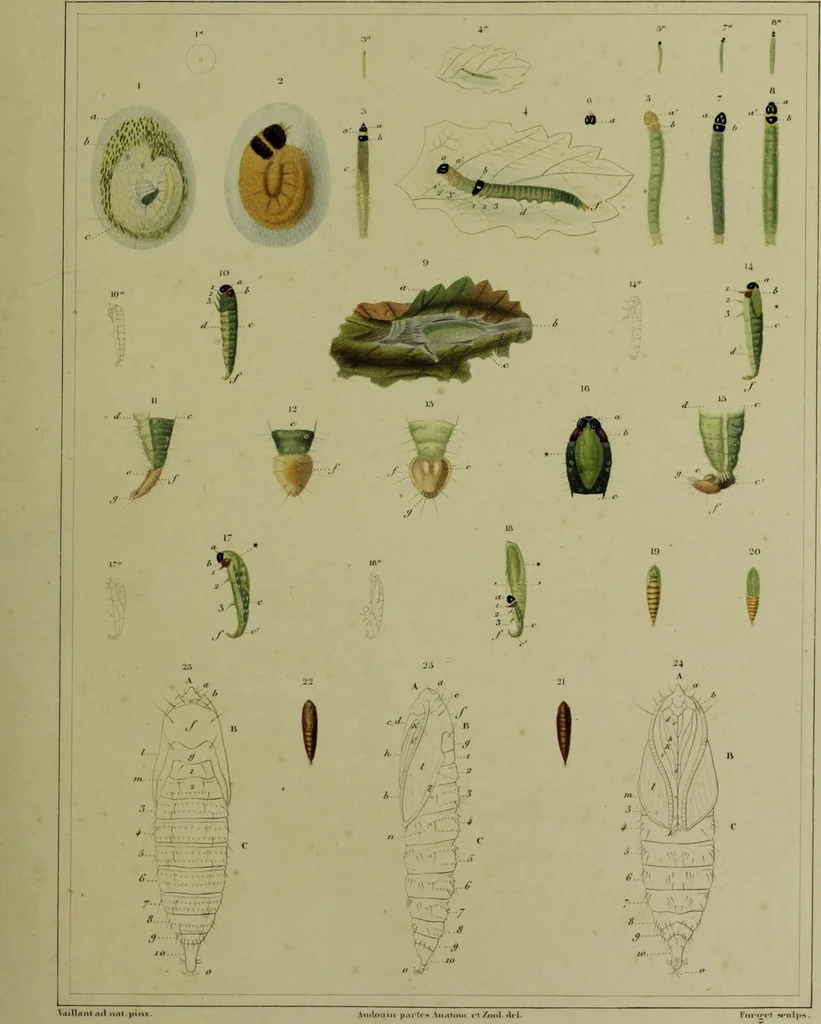 An illustration from Histoire des insectes nuisibles à la vigne : et particulièrement de la pyrale qui dévaste les vignobles des départments de la Cote-d'Or ... [etc.]; avec l'indication des moyens qu'on doit employer pour la combattre / par Victor Audouin., 1842, leaf 407