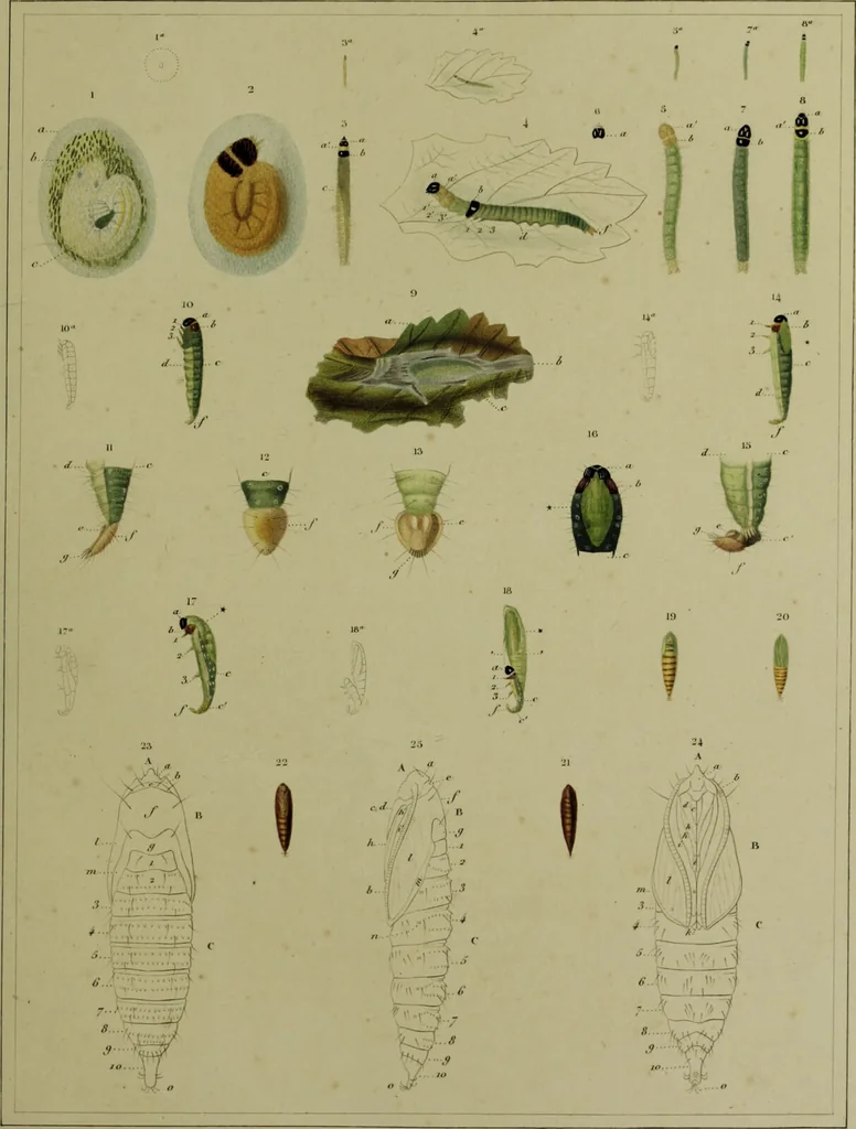 An illustration from Histoire des insectes nuisibles à la vigne : et particulièrement de la pyrale qui dévaste les vignobles des départments de la Cote-d'Or ... [etc.]; avec l'indication des moyens qu'on doit employer pour la combattre / par Victor Audouin., 1842, leaf 407