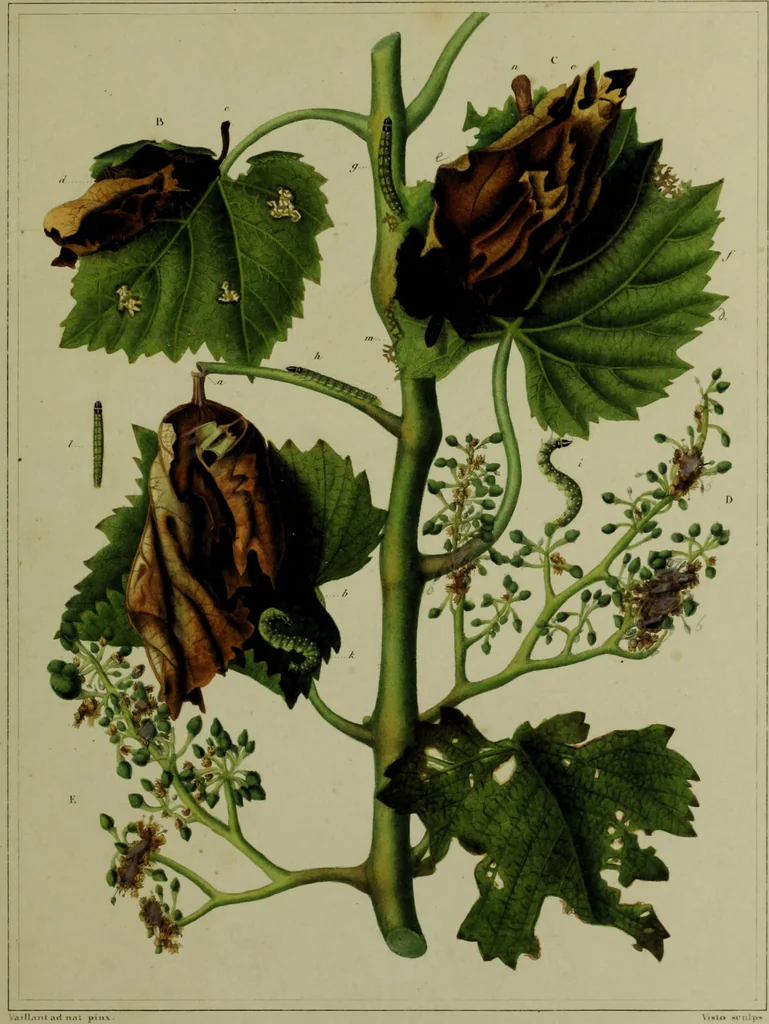 An illustration from Histoire des insectes nuisibles à la vigne : et particulièrement de la pyrale qui dévaste les vignobles des départments de la Cote-d'Or ... [etc.]; avec l'indication des moyens qu'on doit employer pour la combattre / par Victor Audouin., 1842, leaf 433