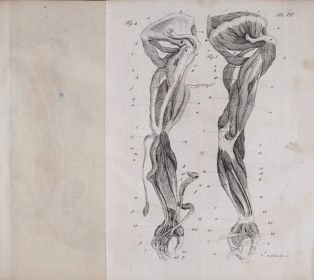An illustration from Pfennig-Encyklopädie der Anatomie, oder, Bildliche Darstellung der gesammten menschlichen Anatomie : nach Rosenmüller, Loder, Carl Bell, Gordon, Bock etc / gestochen von J.F. Schröter ; mit erklärendem Texte von. Th. Richter., 1834, leaf 199