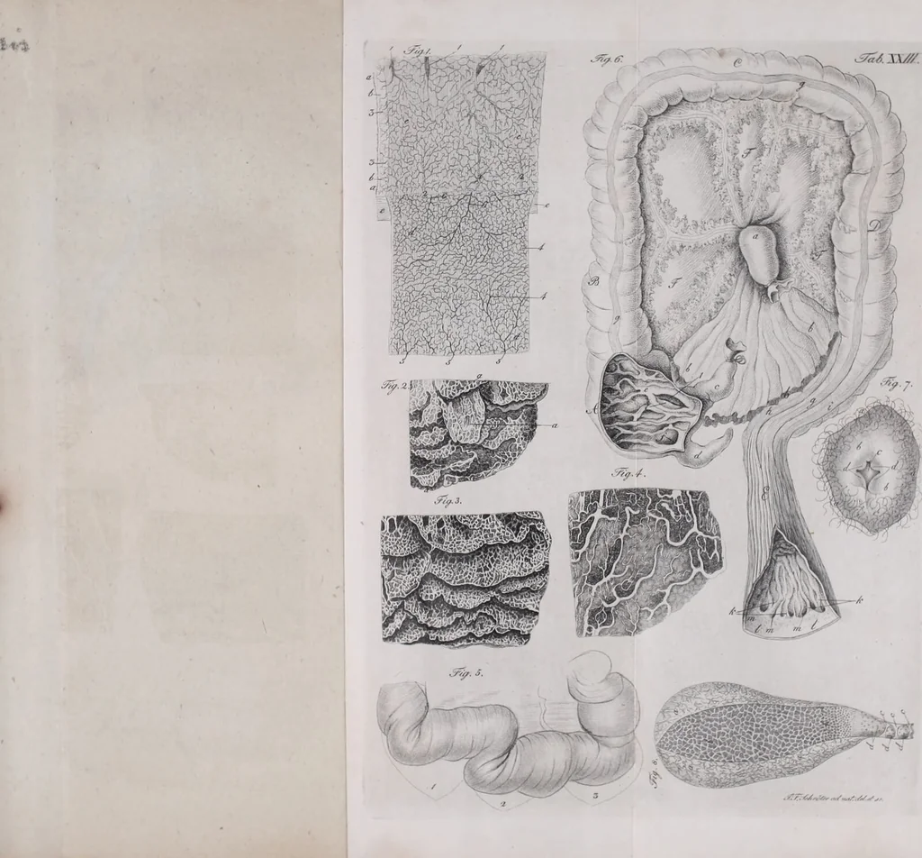 An illustration from Pfennig-Encyklopädie der Anatomie, oder, Bildliche Darstellung der gesammten menschlichen Anatomie : nach Rosenmüller, Loder, Carl Bell, Gordon, Bock etc / gestochen von J.F. Schröter ; mit erklärendem Texte von. Th. Richter., 1834, leaf 343