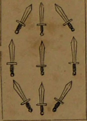 An illustration from L'art de tirer les cartes : révélations complètes sur les destinées au moyen des cartes et des tarots d'après les méthodes les plus certaines, suivis d'un jeu des patiences / par Johannès Trismégiste [i.e. Lorambert]. Orné de 150 figures., 1845, leaf 105