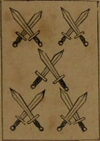 An illustration from L'art de tirer les cartes : révélations complètes sur les destinées au moyen des cartes et des tarots d'après les méthodes les plus certaines, suivis d'un jeu des patiences / par Johannès Trismégiste [i.e. Lorambert]. Orné de 150 figures., 1845, leaf 105
