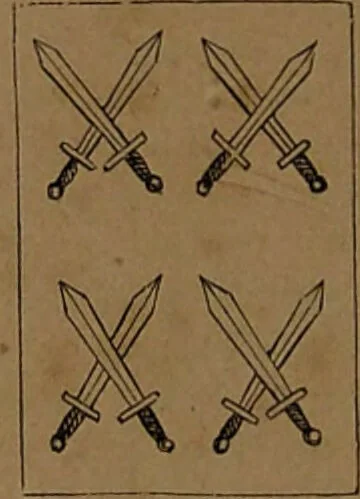 An illustration from L'art de tirer les cartes : révélations complètes sur les destinées au moyen des cartes et des tarots d'après les méthodes les plus certaines, suivis d'un jeu des patiences / par Johannès Trismégiste [i.e. Lorambert]. Orné de 150 figures., 1845, leaf 106