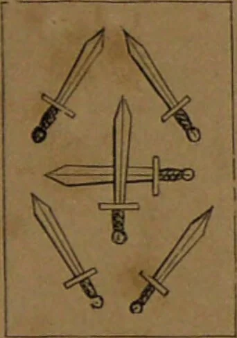 An illustration from L'art de tirer les cartes : révélations complètes sur les destinées au moyen des cartes et des tarots d'après les méthodes les plus certaines, suivis d'un jeu des patiences / par Johannès Trismégiste [i.e. Lorambert]. Orné de 150 figures., 1845, leaf 107