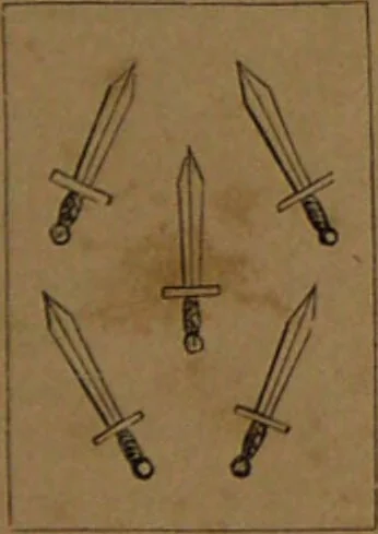 An illustration from L'art de tirer les cartes : révélations complètes sur les destinées au moyen des cartes et des tarots d'après les méthodes les plus certaines, suivis d'un jeu des patiences / par Johannès Trismégiste [i.e. Lorambert]. Orné de 150 figures., 1845, leaf 107