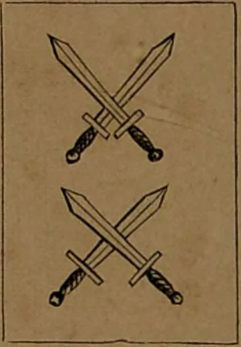 An illustration from L'art de tirer les cartes : révélations complètes sur les destinées au moyen des cartes et des tarots d'après les méthodes les plus certaines, suivis d'un jeu des patiences / par Johannès Trismégiste [i.e. Lorambert]. Orné de 150 figures., 1845, leaf 108