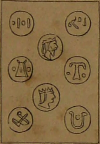 An illustration from L'art de tirer les cartes : révélations complètes sur les destinées au moyen des cartes et des tarots d'après les méthodes les plus certaines, suivis d'un jeu des patiences / par Johannès Trismégiste [i.e. Lorambert]. Orné de 150 figures., 1845, leaf 113
