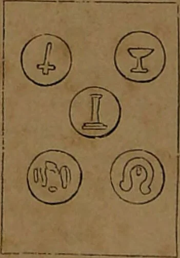 An illustration from L'art de tirer les cartes : révélations complètes sur les destinées au moyen des cartes et des tarots d'après les méthodes les plus certaines, suivis d'un jeu des patiences / par Johannès Trismégiste [i.e. Lorambert]. Orné de 150 figures., 1845, leaf 114