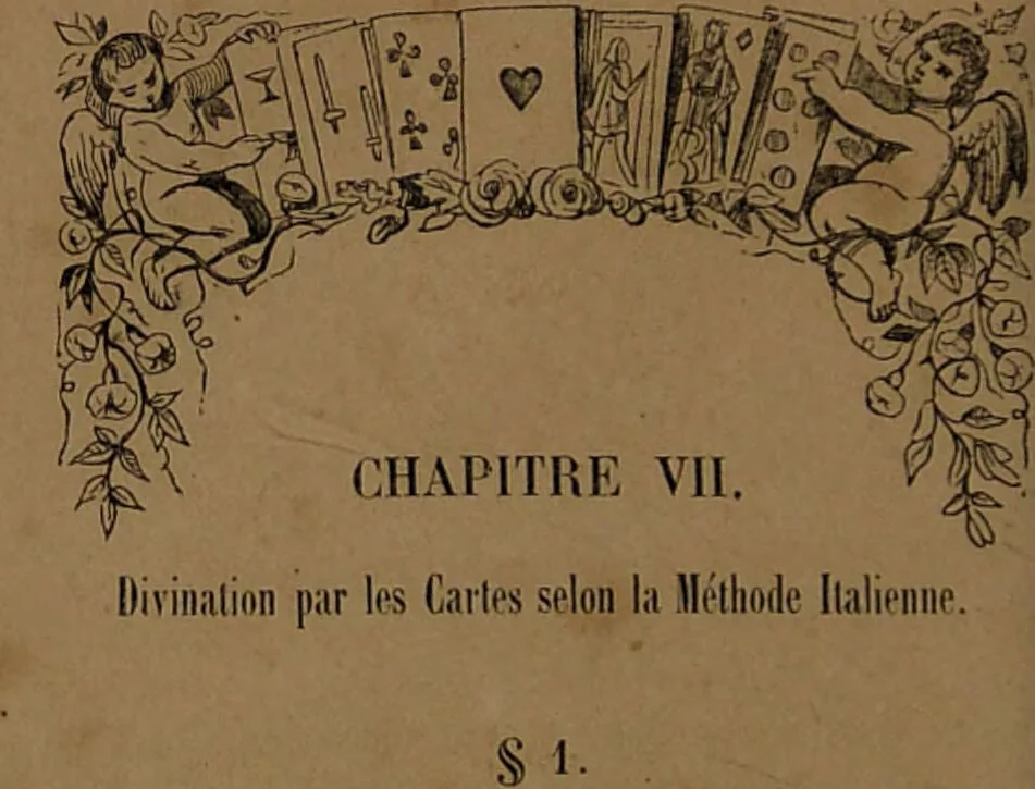 An illustration from L'art de tirer les cartes : révélations complètes sur les destinées au moyen des cartes et des tarots d'après les méthodes les plus certaines, suivis d'un jeu des patiences / par Johannès Trismégiste [i.e. Lorambert]. Orné de 150 figures., 1845, leaf 36