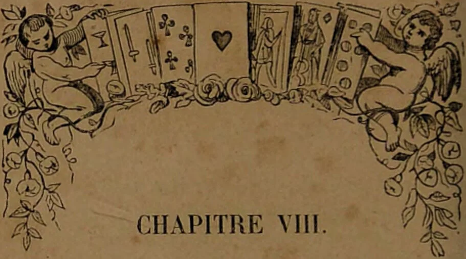 An illustration from L'art de tirer les cartes : révélations complètes sur les destinées au moyen des cartes et des tarots d'après les méthodes les plus certaines, suivis d'un jeu des patiences / par Johannès Trismégiste [i.e. Lorambert]. Orné de 150 figures., 1845, leaf 42
