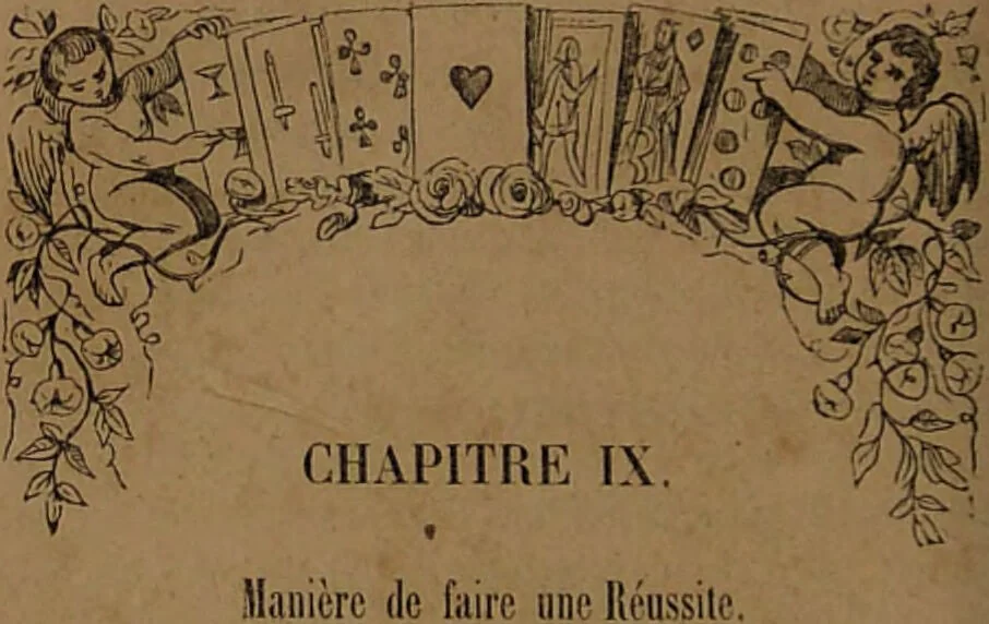 An illustration from L'art de tirer les cartes : révélations complètes sur les destinées au moyen des cartes et des tarots d'après les méthodes les plus certaines, suivis d'un jeu des patiences / par Johannès Trismégiste [i.e. Lorambert]. Orné de 150 figures., 1845, leaf 48