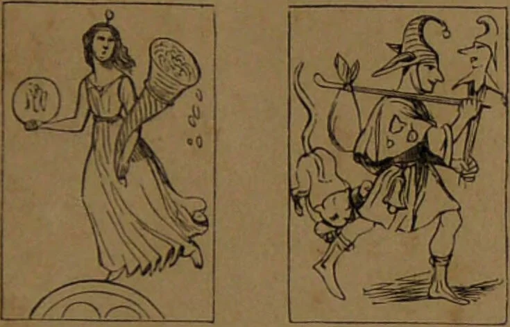 An illustration from L'art de tirer les cartes : révélations complètes sur les destinées au moyen des cartes et des tarots d'après les méthodes les plus certaines, suivis d'un jeu des patiences / par Johannès Trismégiste [i.e. Lorambert]. Orné de 150 figures., 1845, leaf 53
