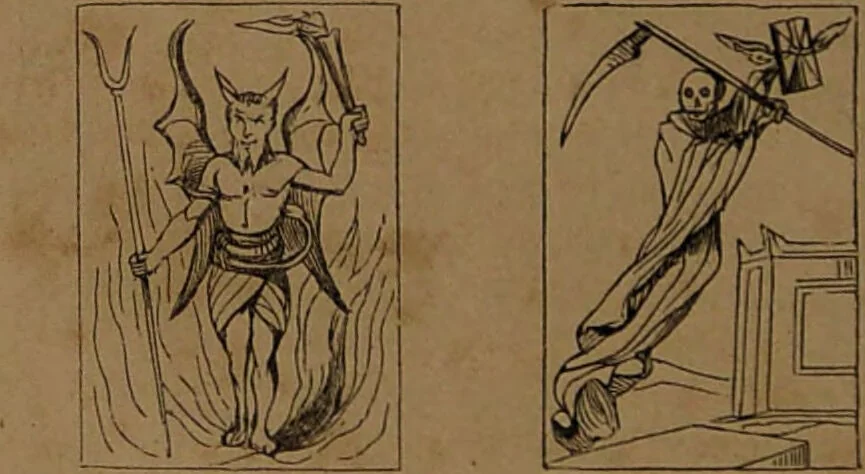 An illustration from L'art de tirer les cartes : révélations complètes sur les destinées au moyen des cartes et des tarots d'après les méthodes les plus certaines, suivis d'un jeu des patiences / par Johannès Trismégiste [i.e. Lorambert]. Orné de 150 figures., 1845, leaf 54