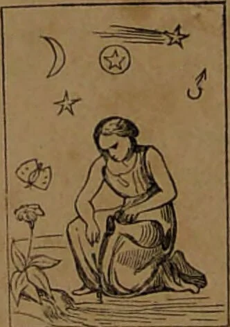 An illustration from L'art de tirer les cartes : révélations complètes sur les destinées au moyen des cartes et des tarots d'après les méthodes les plus certaines, suivis d'un jeu des patiences / par Johannès Trismégiste [i.e. Lorambert]. Orné de 150 figures., 1845, leaf 78