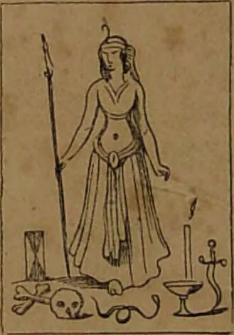 An illustration from L'art de tirer les cartes : révélations complètes sur les destinées au moyen des cartes et des tarots d'après les méthodes les plus certaines, suivis d'un jeu des patiences / par Johannès Trismégiste [i.e. Lorambert]. Orné de 150 figures., 1845, leaf 80