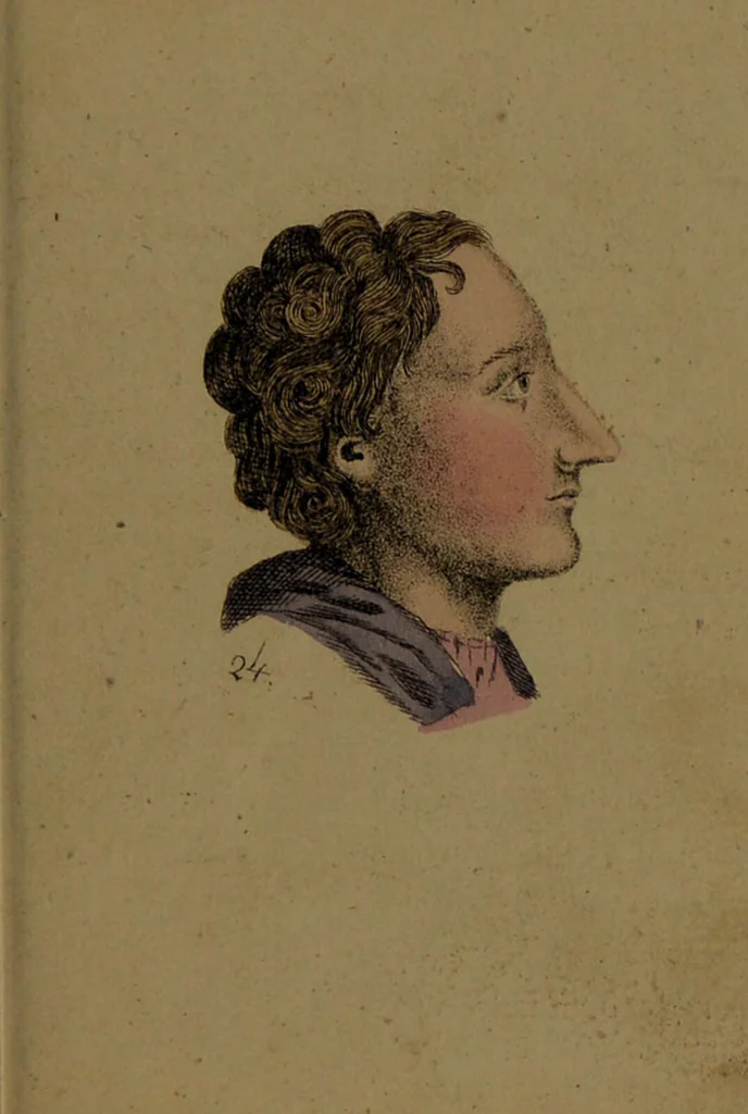 An illustration from Physiognomisches Taschenbuch nach Lavater's Grundsätzen, oder: die Kunst die Männer aus ihren Gesichtszügen zu erkennen. Aus dem Französischen übersetzt. Mit drei und dreissig illuminirten Kupfern., 1813, leaf 101