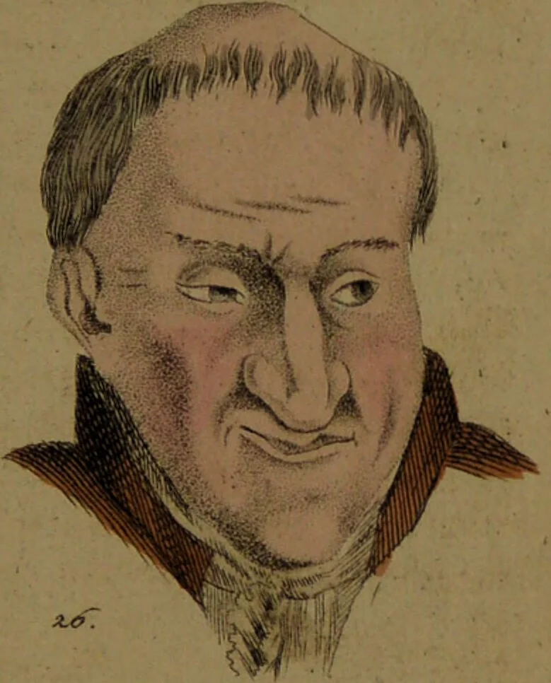 An illustration from Physiognomisches Taschenbuch nach Lavater's Grundsätzen, oder: die Kunst die Männer aus ihren Gesichtszügen zu erkennen. Aus dem Französischen übersetzt. Mit drei und dreissig illuminirten Kupfern., 1813, leaf 107