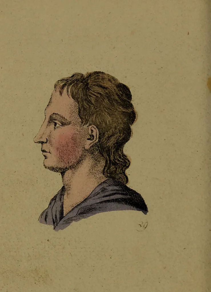An illustration from Physiognomisches Taschenbuch nach Lavater's Grundsätzen, oder: die Kunst die Männer aus ihren Gesichtszügen zu erkennen. Aus dem Französischen übersetzt. Mit drei und dreissig illuminirten Kupfern., 1813, leaf 116