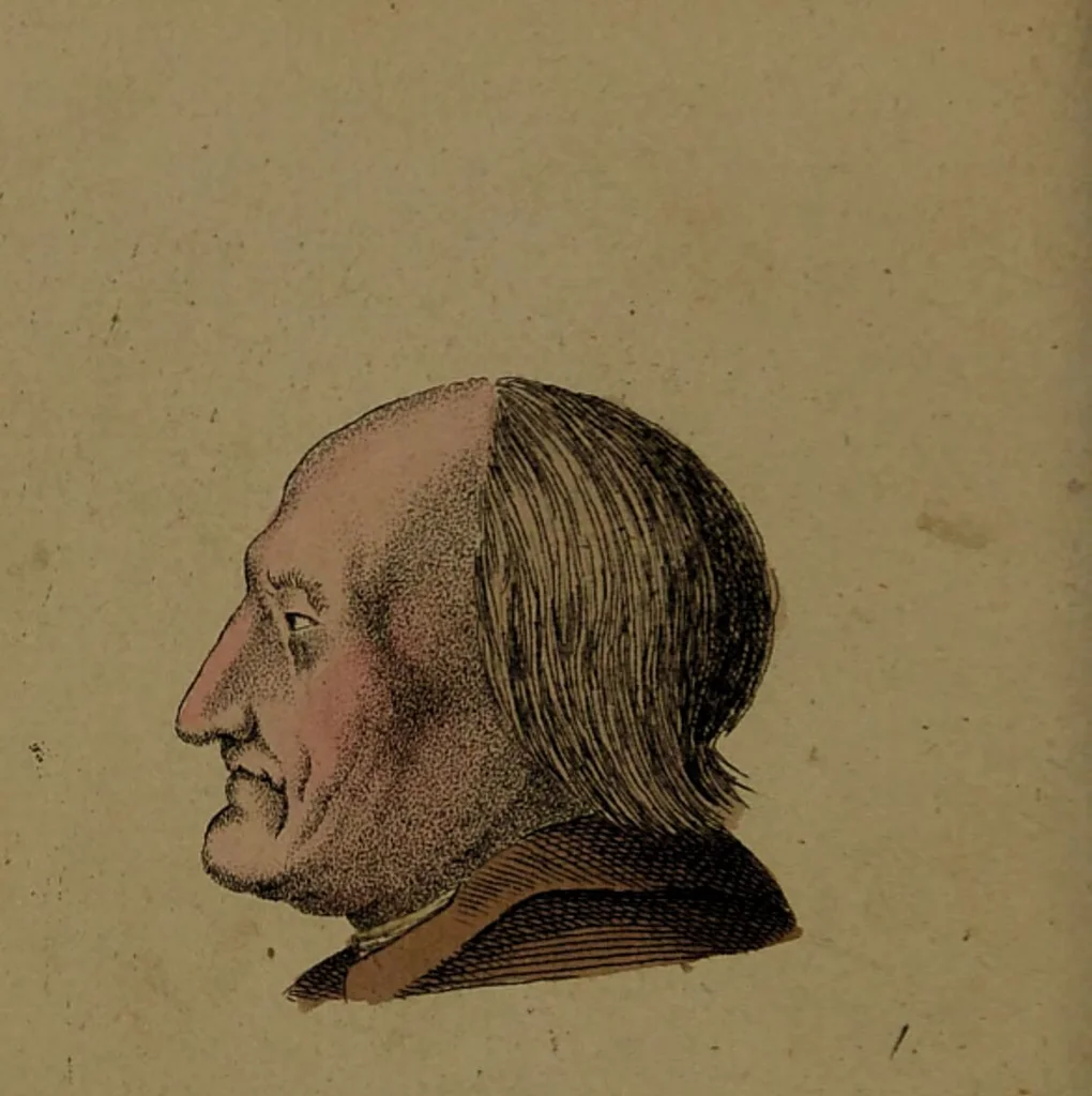 An illustration from Physiognomisches Taschenbuch nach Lavater's Grundsätzen, oder: die Kunst die Männer aus ihren Gesichtszügen zu erkennen. Aus dem Französischen übersetzt. Mit drei und dreissig illuminirten Kupfern., 1813, leaf 32