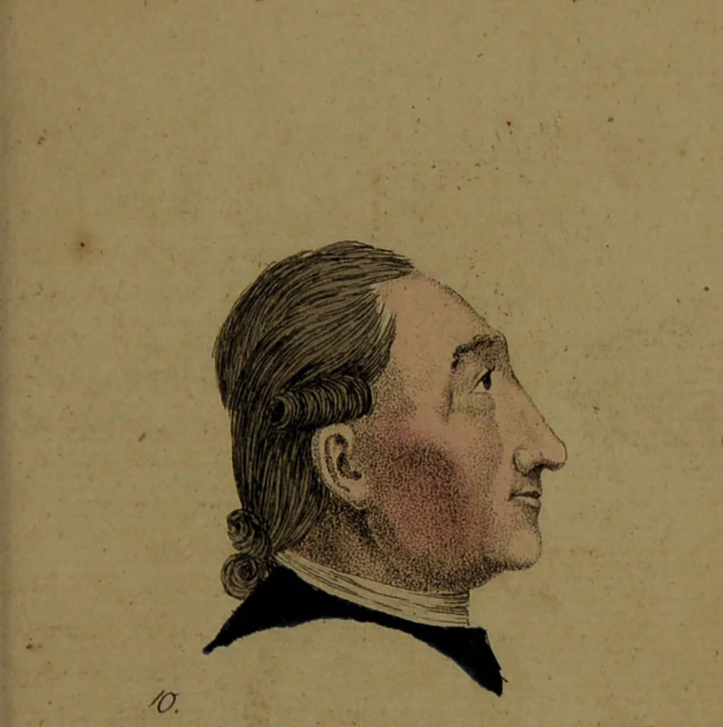An illustration from Physiognomisches Taschenbuch nach Lavater's Grundsätzen, oder: die Kunst die Männer aus ihren Gesichtszügen zu erkennen. Aus dem Französischen übersetzt. Mit drei und dreissig illuminirten Kupfern., 1813, leaf 59